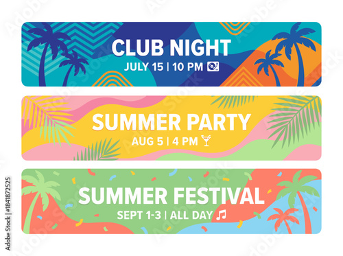 Set of web banner templates featuring exotic palm trees, stains, blots, and scribbles for a summer dance party, presented as modern vector illustrations for a summertime event announcement and