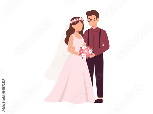 A fashionable romantic couple poses at a wedding ceremony, a charming bride and groom in elegant attire set against a white background, rendered as a colorful flat cartoon vector illustration