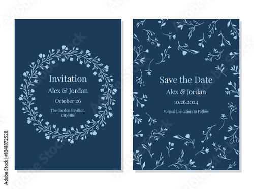 A set of vertical floral invitations featuring stunning hand‑drawn rose blossoms and foliage outlined in pink against a dark backdrop, a beautiful botanical vector illustration suitable for