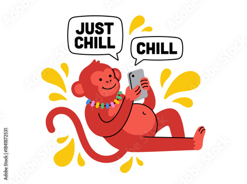 A carefree monkey lounges with a drink, enjoying a lazy summer holiday; a flat vector illustration of this relaxed animal appears as a sticker with a phrase on a white background