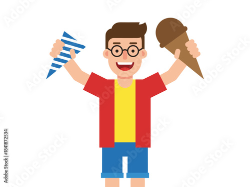 A cheerful man holds ice cream cones, licking them with delight as he savors the sweet, sugary treat in a flat vector illustration set against a white background
