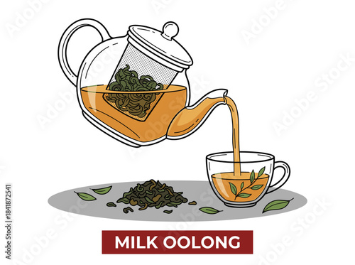 A vintage-style hand‑drawn monochrome vector illustration shows a glass teapot or pitcher with a strainer, a clear cup of milk oolong, and rolled tea leaves, depicting a tasty natural Chinese