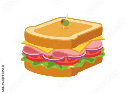 A mouthwatering sandwich set against a white backdrop, depicted as a colorful, hand‑drawn realistic illustration of a tasty fast‑food meal featuring bread, ham or bacon, cheese, and vegetables—a