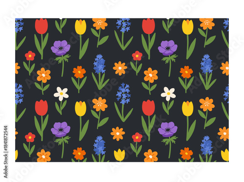 A botanical seamless pattern featuring beautiful blooming spring flowers and leaves scattered over a black background, presented as a colored hand‑drawn natural vector illustration suitable for