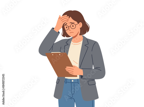 An angry, nervous businesswoman holds a clipboard in a flat vector illustration, while an irritated female boss examines a mistake in isolated documents, and an office worker confronts a problem or