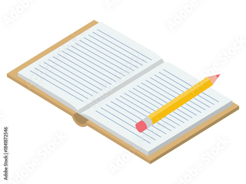 An open book with a ribbon bookmark, paper literature, abstract text lines on notebook pages, an academic textbook, a school diary or planner, and a flat vector illustration of a notepad isolated on