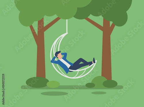 Man lounging in nature, seated in a bean bag on grass beneath trees during a summer holiday, enjoying calm outdoor relaxation in a flat vector illustration