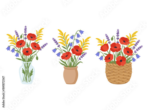 A set of refined bouquets or clusters of meadow flowers and herbs against a white backdrop, featuring floral decorative elements in a realistic vector style