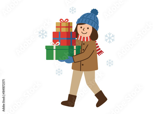 A woman walks while holding a stack of gift boxes, carrying Christmas presents, looking happy after winter holiday shopping; a flat vector illustration on a white background