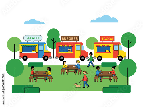 A summer park featuring food trucks and a poster design, a street festival with trailers, caravans, and tiny vacationing characters, an outdoor event with a vertical card and banner background, all