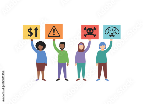 A colorful flat cartoon vector illustration depicts a diverse group of animal rights activists—including men, women, and a dog—holding banners and placards while participating in a picketing parade