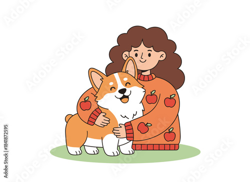 Joyful child cradles a fluffy corgi, a portrait of a girl and her dog in a flat vector illustration on a white background