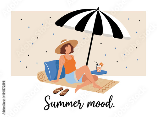 A postcard design featuring a woman lounging on a beach, sunbathing, with a handwritten summer mood slogan in cursive calligraphy, depicting a seaside vacation paradise in a seasonal flat vector