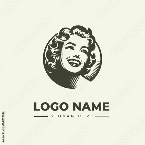 A vintage-style illustration of a woman's face with a logo name and slogan on a plain background, featuring a vector graphic design.