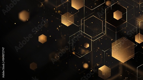 Shapes in gold and black fill the space, showing hexagons and dots scattered across dark background. design can be used for various digital projects or prints