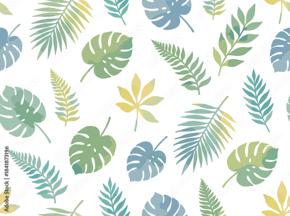 Fototapeta premium A Hawaiian seamless pattern featuring tropical foliage against a white backdrop, showcasing green leaves from exotic rainforest plants or trees, ideal for summer-themed wrapping paper or wallpaper