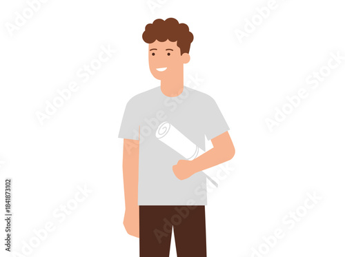 An architect clutching a rolled blueprint, a building engineer, planner, and designer holding a construction drawing and architectural plan draft, depicted as a flat vector illustration set against a