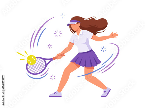 Female tennis athlete depicted in a flat vector illustration, playing on a court, striking a ball with a racket while training and exercising, set against a white background