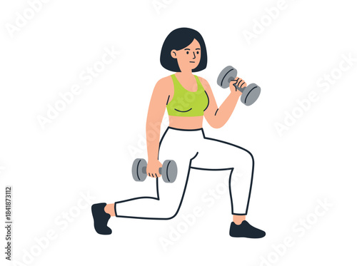 Cartoon woman in athletic gear lifts dumbbells while standing in a lunge pose against a white backdrop, depicted as a vector illustration of a female strength‑training exercise