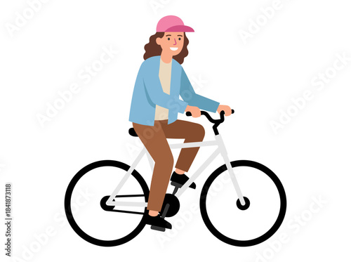 A cheerful young woman rides a bicycle, smiling as she pedals, depicted in a flat vector illustration on a white background