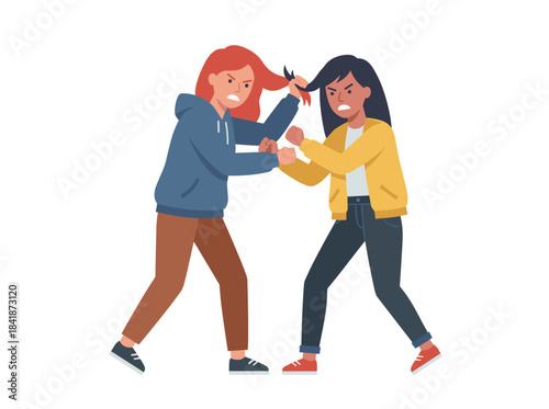 Two teenage girls in a fight, depicting child conflict, teenage aggression, and school abuse, shown as cartoon characters set against a white background in a bright flat vector style