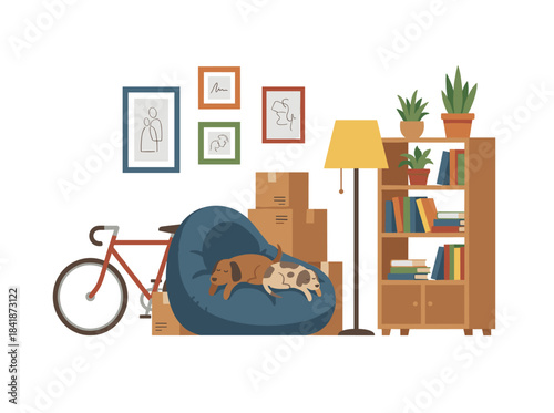 A pile of cardboard boxes filled with children's items—books, toys, furniture, a bicycle, and other belongings—depicted as a flat vector illustration on a white background