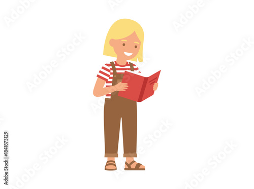 A cheerful, intelligent girl stands while reading a book, smiling as she holds a textbook and studies, depicted in a colorful flat vector illustration of a schoolgirl on a white background