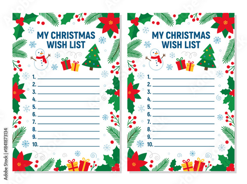 A wish list template adorned with classic holiday decorations—snowman, garland, holly berries, and leaves—features a page for desired gifts, rendered as a flat‑style festive vector illustration