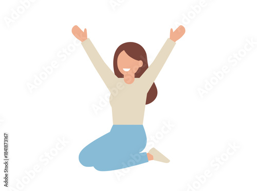 A jubilant woman kneels, raising her hands in celebration of victory, exuding cheerful, positive emotions in a flat vector illustration set against a white background