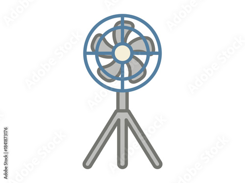 A realistic vector illustration of a desk air fan, a summer cooling device for offices shown against a white background, featuring an electrical desktop ventilator with a spinning propeller, serving