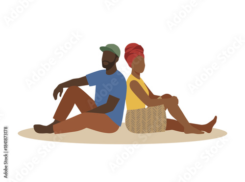 A contemporary fashion couple seated, a young man and woman wearing trendy casual attire, posing stylishly in a flat vector illustration set against a white background