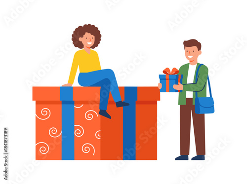 Friends of boys exchange gift boxes while joyful children give and receive presents, holiday surprises wrapped festively, depicted in a flat vector illustration set against a white background
