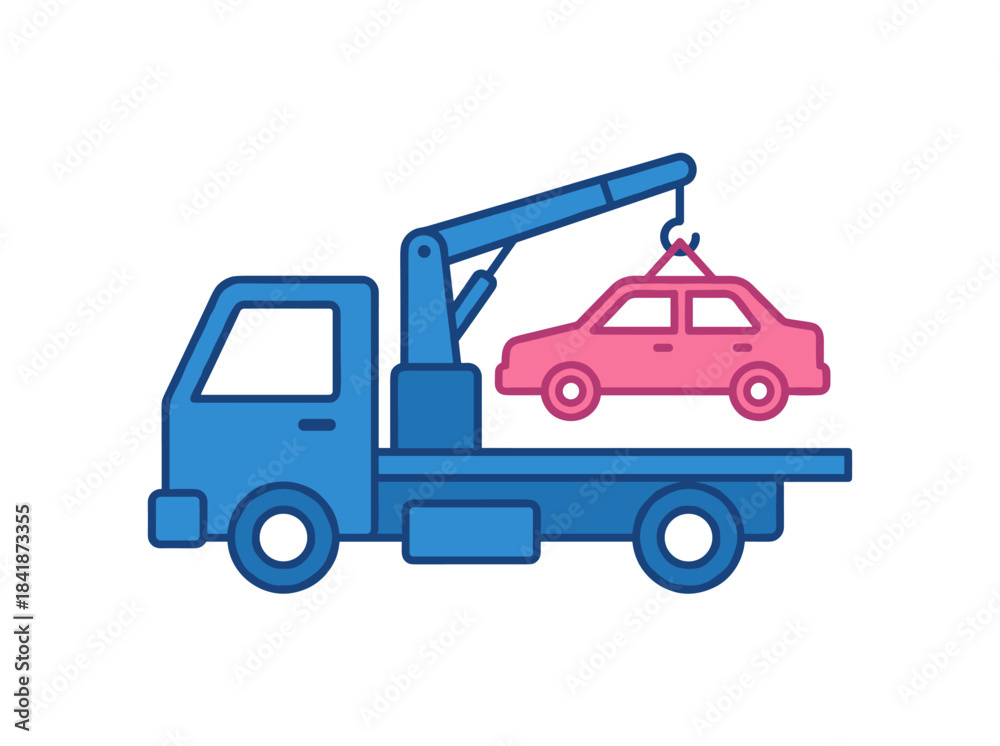 Naklejka premium A tow truck lifts a vehicle while a wrecker relocates a wrongly parked or damaged car; towing services help transport vehicles after road accidents or breakdowns, shown as a flat vector illustration