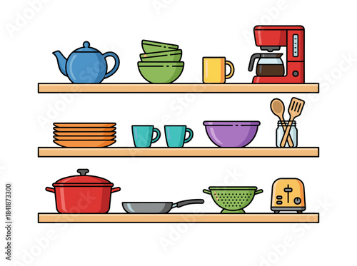 Illustrated kitchenware displayed on a shelf, drawn by hand against a white backdrop
