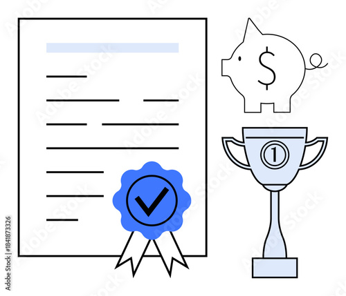 Financial achievement concept. Certificate with a checkmark, piggy bank, and trophy saving, accomplishment, and recognition. Financial planning, success, investment education motivation