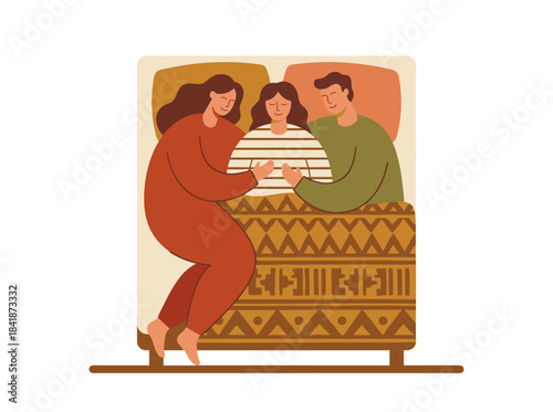 A flat vector illustration of a threesome featuring bisexual men and women in bed, depicting three lovers and partners engaging in group sex, intimate relationships, and intercourse within a