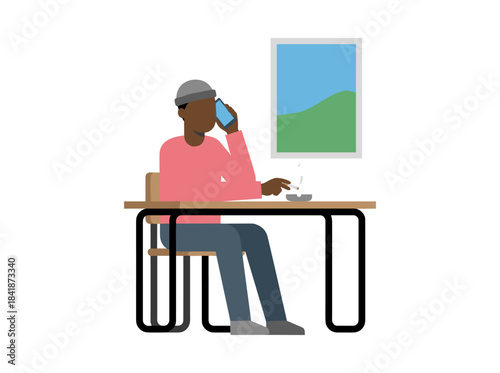 A young man smokes a cigarette on a balcony, chatting on the phone while an ashtray and tobacco lie nearby, depicted as a flat vector illustration on a white background