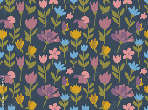 A natural, realistic hand‑drawn illustration of a botanical horizontal backdrop featuring blooming wildflowers, summer meadow herbs, and stunning herbaceous plants against a black background