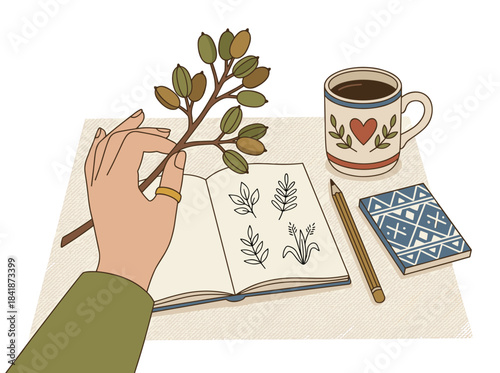 A warm autumn scene featuring a hand gripping a chestnut‑bearing branch, surrounded by fall leaves, berries, a notebook, a pen, and a steaming cup of beverage, evoking hygge vibes in a flat textured