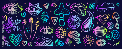 Line neon psychedelic doodle hand drawn set. Hologram gradient isolated signs, ultra acid holographic glow. Mushrooms, lips, eyes, hearts, suns, clouds, abstract shapes. Vector groovy retro cliparts