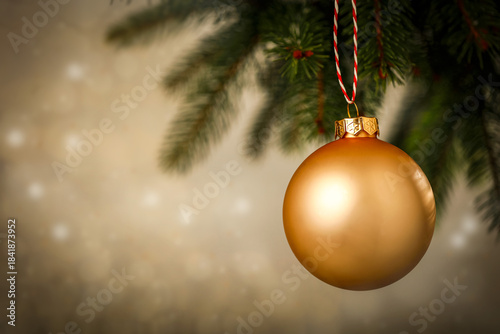 Christmas bauble hanging from a tree branch in soft, warm light. Festive composition perfect for Christmas themes, seasonal greetings, winter holiday promotions and cozy holiday imagery.