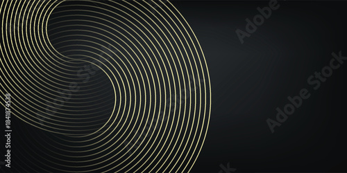 black abstract background gold glowing circles. Swirl circular lines pattern. Geometric spiral. Twirl element. Modern graphic design. Futuristic technology concept.