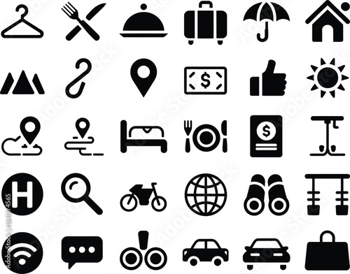 Collection of Icons Representing Travel, Accommodation, and Leisure Activities