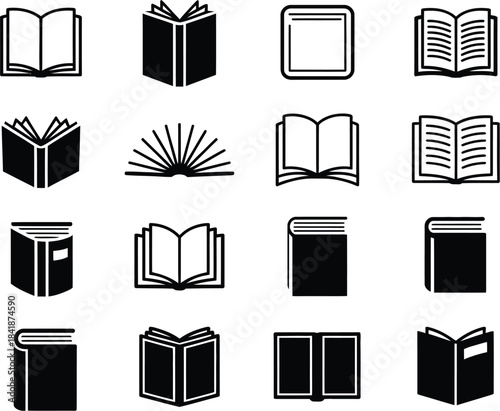 A comprehensive collection of minimalist black and white book icons, showcasing diverse open and closed designs, ideal for digital interfaces, educational materials, and academic projects
