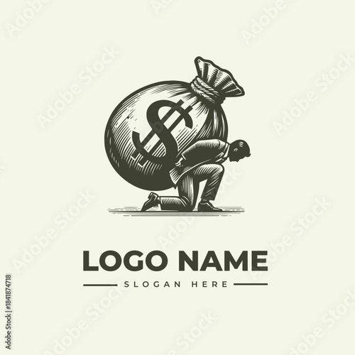 A grayscale illustration of a man carrying a large money bag with a dollar sign on it, accompanied by a logo and slogan placeholder text on a plain background.