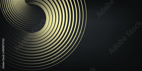 black abstract background gold glowing circles. Swirl circular lines pattern. Geometric spiral. Twirl element. Modern graphic design. Futuristic technology concept.