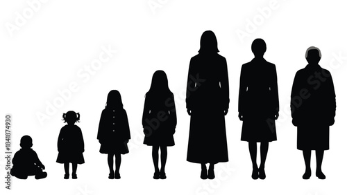 Silhouettes showing a woman's journey through different life stages from baby to senior