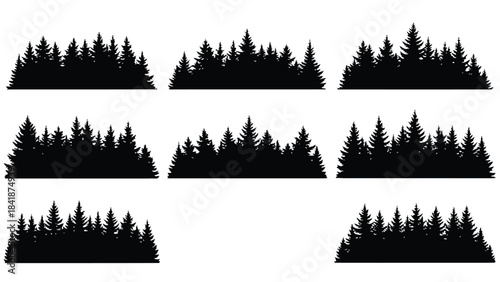 A set of nine black silhouette evergreen forest borders isolated on a white background.