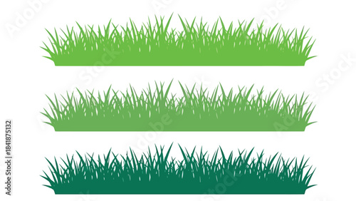 Three distinct vector illustrations of green grass borders in different shades on white background
