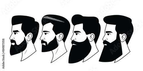 Bearded male profile heads set featuring stylish grooming variations, modern haircut silhouettes, facial hair styles, and clean minimalist side-view barber design elements